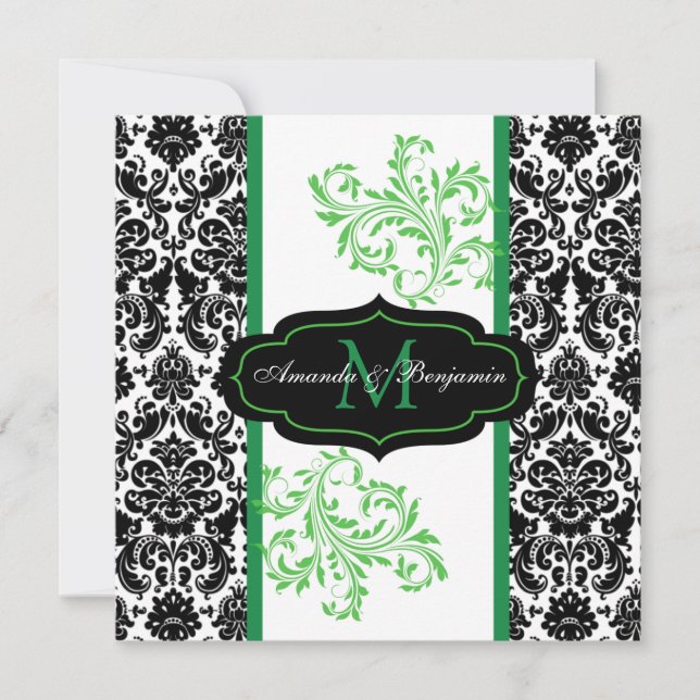 Black, White, Green Damask Scroll Wedding Invite (Front)