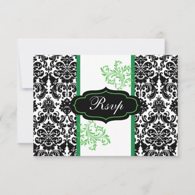 Black, White, Green Damask Scroll Wedding RSVP Invitation (Front)