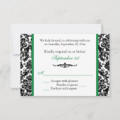 Black, White, Green Damask Scroll Wedding RSVP Invitation (Back)
