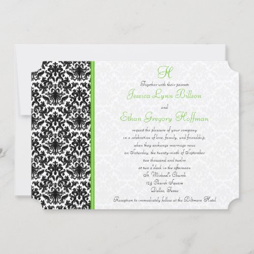 Black White Green Damask Wedding Invitation