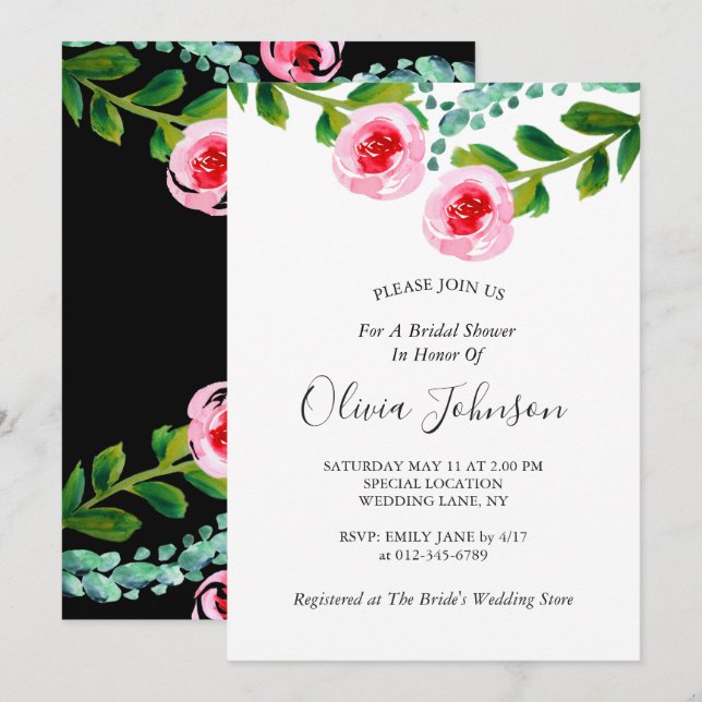 Black White Green  Eucalyptus Floral Bridal Shower Invitation (Front/Back)