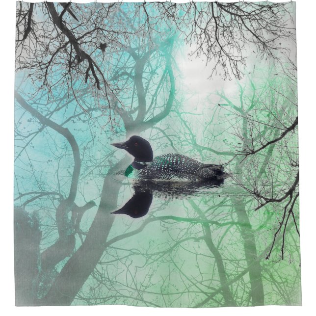 Black  white green loon on a lake Shower Curtain (Front)