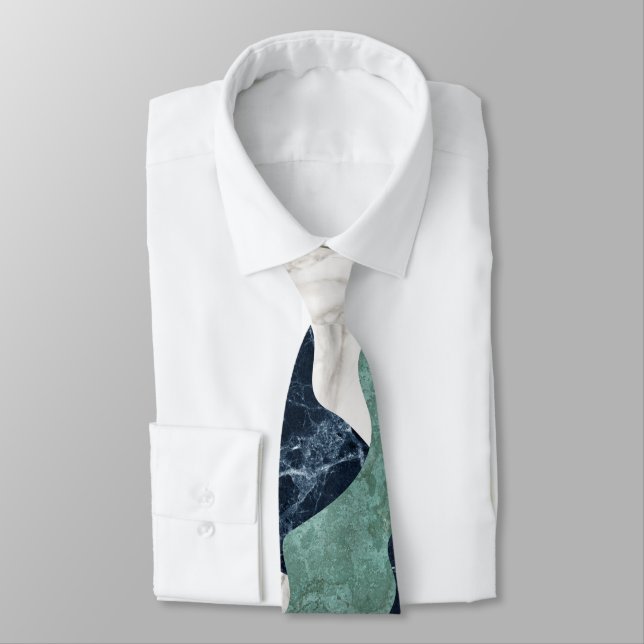 Black White Green Marble Texture Neck Tie (Tied)