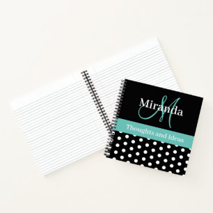 Black White Green Monogram Script Polka Dots Notebook