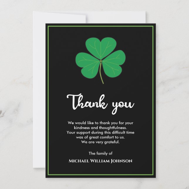 Black White Green Shamrock Clover Irish Funeral Thank You Card (Front)