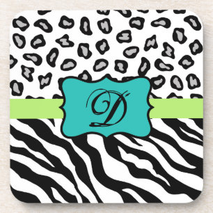 Black White Green & Turquoise Zebra & Cheetah Skin Drink Coaster