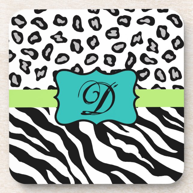 Black White Green & Turquoise Zebra & Cheetah Skin Drink Coaster (Front)