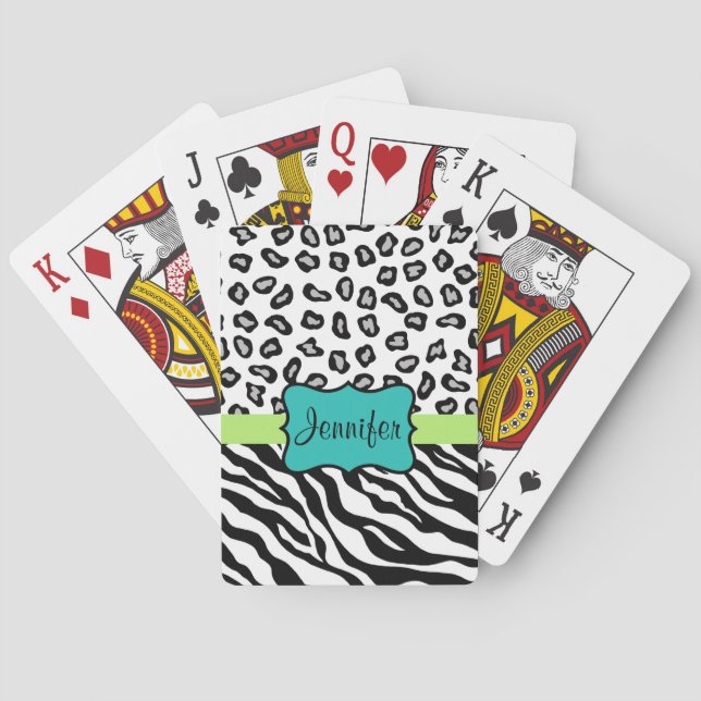 Black White Green & Turquoise Zebra & Cheetah Skin Poker Cards (Back)