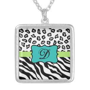 Black White Green & Turquoise Zebra & Cheetah Skin Silver Plated Necklace