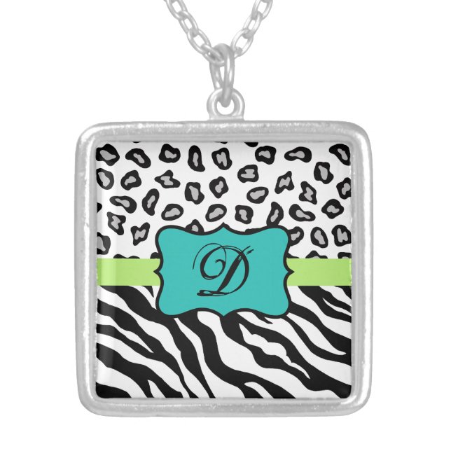 Black White Green & Turquoise Zebra & Cheetah Skin Silver Plated Necklace (Front)