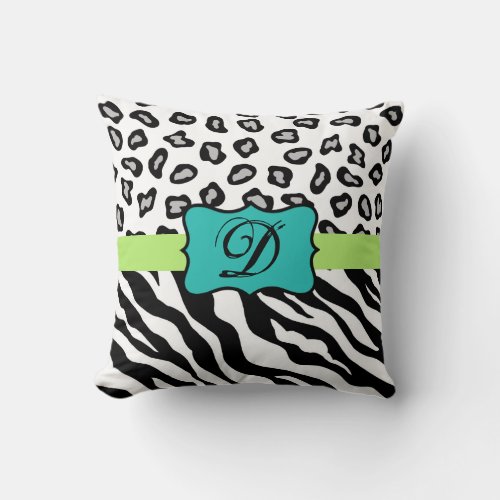 Black White Green  Turquoise Zebra  Cheetah Skin Throw Pillow