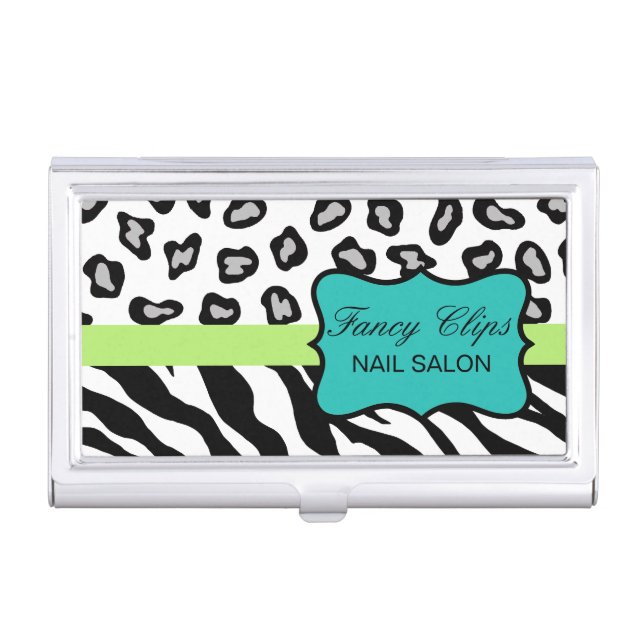 Black White Green Turquoise Zebra Leopard Skin Business Card Case (Front)
