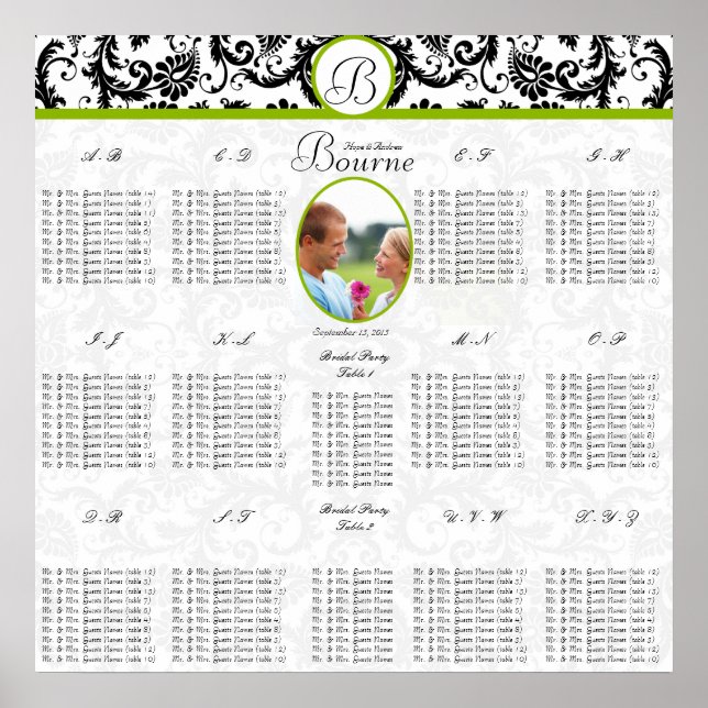 Black White Green Wedding Photo Seating Chart (Front)