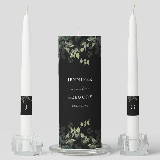 Black White Greenery Botanical Watercolor Wedding Unity Candle Set (Front)
