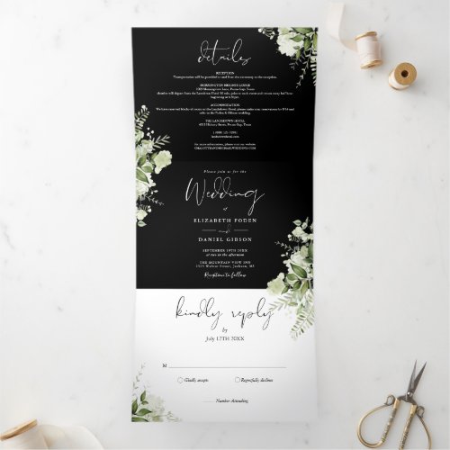 Black White Greenery Floral Photo Wedding Tri_Fold Invitation