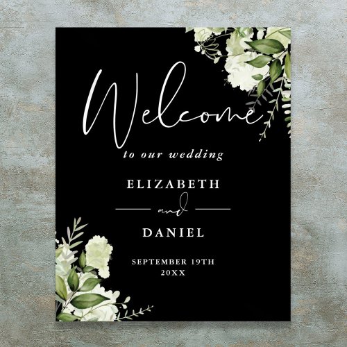 Black White Greenery Floral Wedding Welcome Sign
