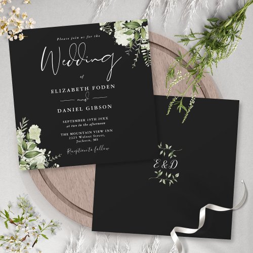 Black White Greenery Monogram Square Wedding Invitation