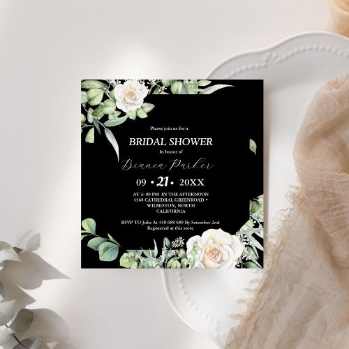 Black  White greenery Square Bridal Shower Invitation