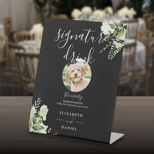 Black White Greenery Wedding Pet Signature Drink Pedestal Sign