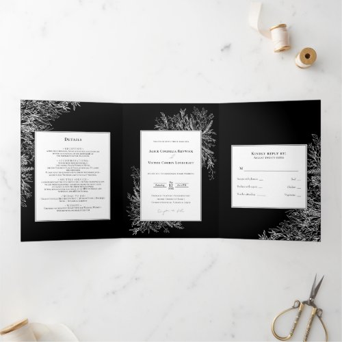 Black White Greenery Wedding Tri_Fold Invitation