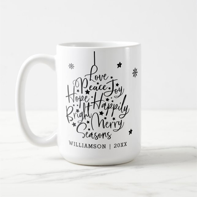 Black White Greetings Typography Holiday Ornament Coffee Mug (Left)