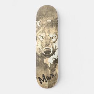 Black white grey abstract watercolor wolf  skateboard