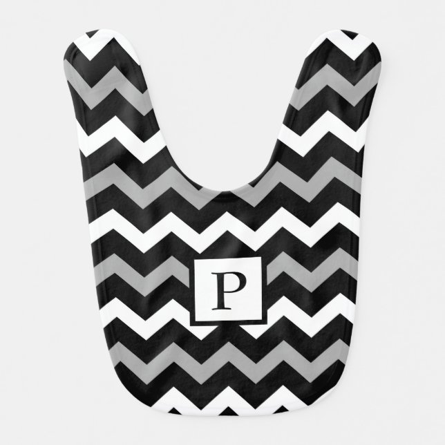 Black White & Grey Chevron Print Pattern Baby Bib (Front)