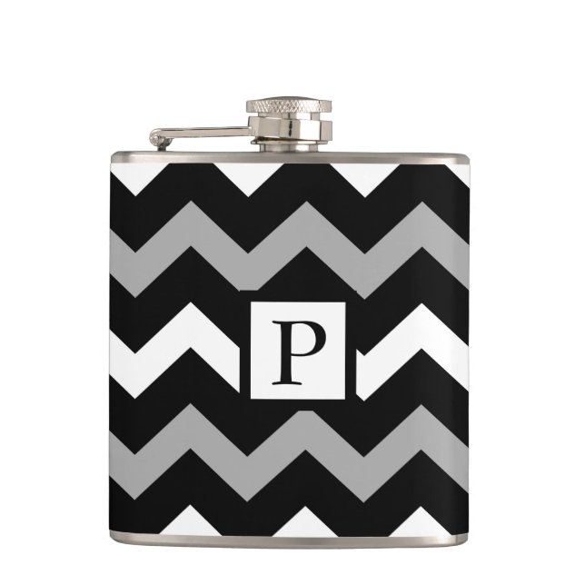 Black White & Grey Chevron Print Pattern Flask (Front)