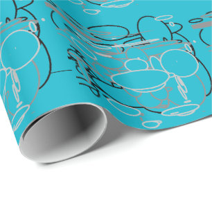 Black White Grey Circles, Neon Blue Background Art Wrapping Paper