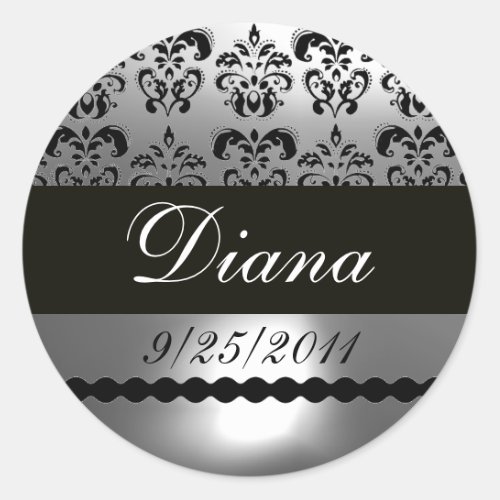 BLACK WHITE GREY DAMASK CLASSIC ROUND STICKER