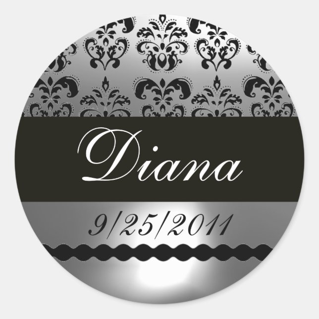 BLACK WHITE GREY DAMASK CLASSIC ROUND STICKER (Front)