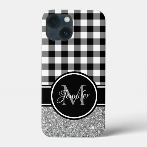 Black White Grey Glitter Buffalo Plaid Monogram iPhone 13 Mini Case