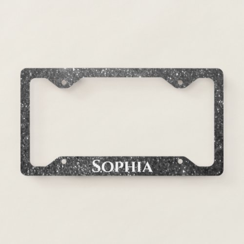 Black White Grey Glitter Custom Name Cute Stylish License Plate Frame