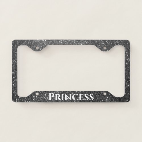 Black White Grey Glitter Princess Custom Text Cute License Plate Frame
