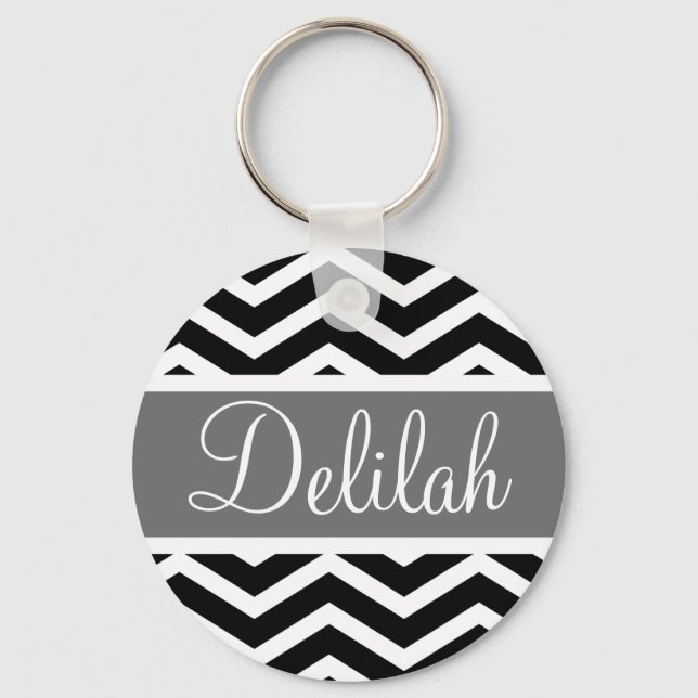 Black White Grey Gray Chevron Custom Keychain (Front)