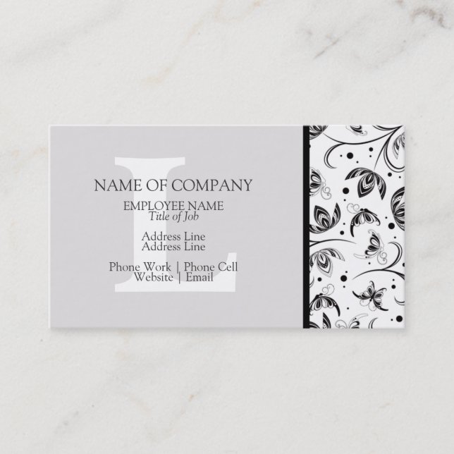 Black White Grey Gray Designer Monogrammed Damask Business Card (Front)