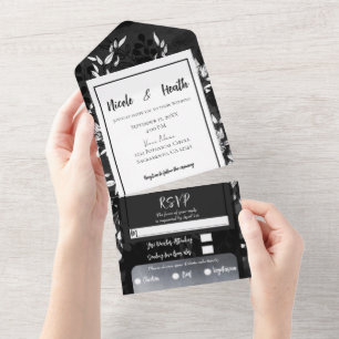 Black White Grey Modern Minimal Floral Wedding All In One Invitation