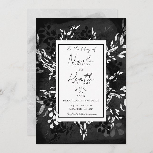 Black White Grey Modern Minimal Floral Wedding    Invitation (Front/Back)