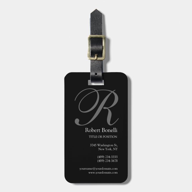 Black White Grey Monogram Business Card Luggage Tag (Front Vertical)