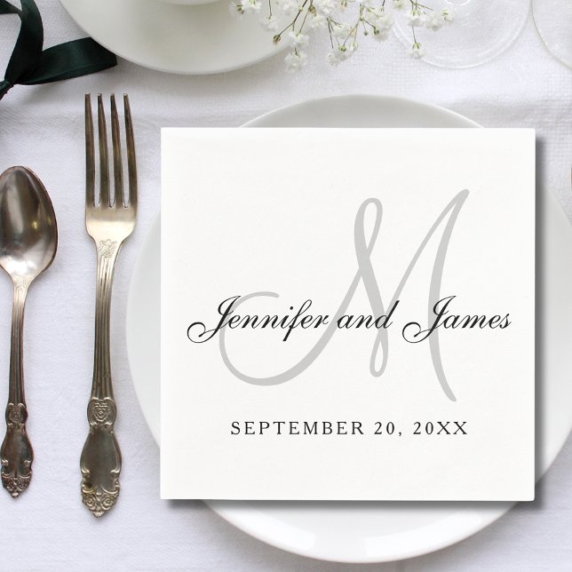 Black White Grey Monogram Elegant Script Wedding Napkins (Creator Uploaded)