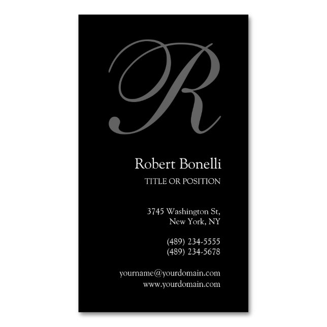 Black White Grey Monogram Minimalist Modern Plain Business Card Magnet (Front Vertical)
