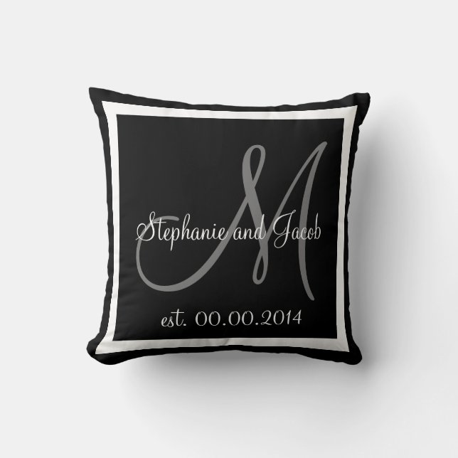 BLACK WHITE GREY MONOGRAM Wedding keepsake pillow (Front)