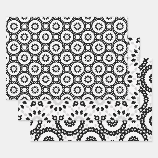 Black White & Grey Mosaic Boho Geometric Patterns Wrapping Paper Sheets (Set)
