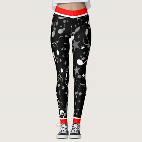 Black White Grey Music Notes and Red Trim on BLACK Leggings