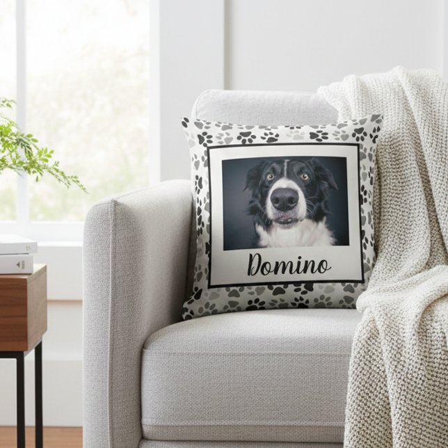 Black White Grey Pet Dog Photo Personalize Paws  Throw Pillow (Creator Uploaded)