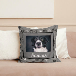Black White Grey Pet Dog Photo Personalize Paws Throw Pillow