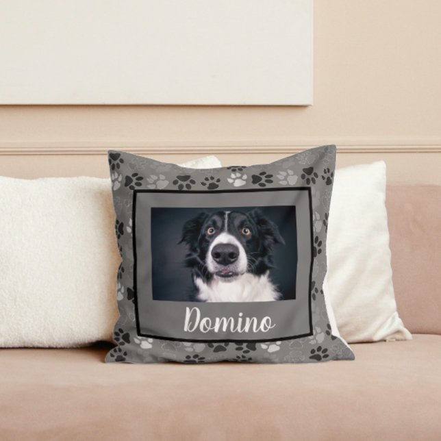 Black White Grey Pet Dog Photo Personalize Paws Throw Pillow (Creator Uploaded)