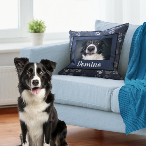 Black White Grey Pet Dog Photo Personalize Paws  Throw Pillow