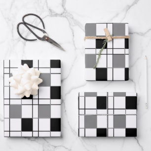 Black White Grey Plaid Tartan Checkered Pattern Wrapping Paper Sheets