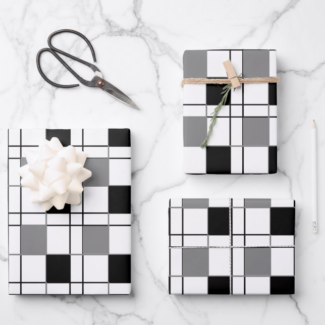 Black White Grey Plaid Tartan Checkered Pattern Wrapping Paper Sheets (Front)